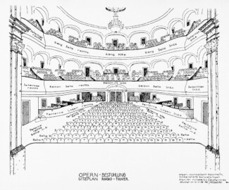 Schloss und Schlossgarten Schwetzingen - Garten - Schlosstheater - Von innen - Erdgeschoss, Vestibül - Aushang eines Plans: Opern-Bestuhlung und Sitzplan Rokoko-Theater (Ersteller: Staatl. Hochbauamt Mannheim, Außenstelle Schwetzingen, September 2003) (Gesamter Bau: Länge x Breite: ca. 62 x 35 Meter; Architekt: Nicolas de Pigage (1723-1796); Bauzeit: 1752-1753, Erweiterung 1762, Sanierung: 1937, Renovierung: 1952, Generalsanierung / Umbau 1971-1974, Restaurierung: 1999-2005) (aufgenommen im Dezember 2024, um die Mittagszeit)