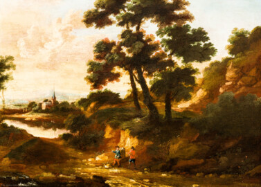 Schloss und Schlossgarten Schwetzingen - Garten - Schlosstheater - Von innen - 1. Obergeschoss, Foyer Mitte, Nordseite - Gemälde "Waldlandschaft mit Dorf" (Maler: unbekannt, deutscher Meister; Datierung: Anfang 18. Jahrhundert; Bildnummer: R17) (Gesamter Bau: Länge x Breite: ca. 62 x 35 Meter; Architekt: Nicolas de Pigage (1723-1796); Bauzeit: 1752-1753, Erweiterung 1762, Sanierung: 1937, Renovierung: 1952, Generalsanierung / Umbau 1971-1974, Restaurierung: 1999-2005) (aufgenommen im Dezember 2024, am frühen Nachmittag)