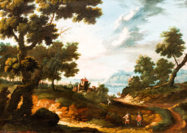 Schloss und Schlossgarten Schwetzingen - Garten - Schlosstheater - Von innen - 1. Obergeschoss, Foyer Mitte, Südseite - Gemälde "Waldlandschaft mit Flußtal" (Maler: unbekannt, deutscher Meister; Datierung: Anfang 18. Jahrhundert; Bildnummer: R16) (Gesamter Bau: Länge x Breite: ca. 62 x 35 Meter; Architekt: Nicolas de Pigage (1723-1796); Bauzeit: 1752-1753, Erweiterung 1762, Sanierung: 1937, Renovierung: 1952, Generalsanierung / Umbau 1971-1974, Restaurierung: 1999-2005) (aufgenommen im Dezember 2024, am frühen Nachmittag)