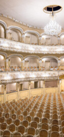 Schloss und Schlossgarten Schwetzingen - Garten - Schlosstheater - Von innen - Zuschauerraum, Nordseite - Von Südwesten - Blick von der Bühne auf die nördliche Seite des Zuschauerraums; oben der Rang, in der Mitte der Balkon, unten die Logen, im Parterre die Stühle (Gesamter Bau: Länge x Breite: ca. 62 x 35 Meter; Architekt: Nicolas de Pigage (1723-1796); Bauzeit: 1752-1753, Erweiterung 1762, Sanierung: 1937, Renovierung: 1952, Generalsanierung / Umbau 1971-1974, Restaurierung: 1999-2005) (aufgenommen im Januar 2024, um die Mittagszeit)