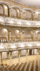 Schloss und Schlossgarten Schwetzingen - Garten - Schlosstheater - Von innen - Zuschauerraum, Nordseite - Von Südwesten - Blick von der Bühne auf die nördliche Seite des Zuschauerraums; oben der Rang, in der Mitte der Balkon, unten die Logen, im Parterre die Stühle (Gesamter Bau: Länge x Breite: ca. 62 x 35 Meter; Architekt: Nicolas de Pigage (1723-1796); Bauzeit: 1752-1753, Erweiterung 1762, Sanierung: 1937, Renovierung: 1952, Generalsanierung / Umbau 1971-1974, Restaurierung: 1999-2005) (aufgenommen im Januar 2024, am frühen Nachmittag) Schloss und Schlossgarten Schwetzingen - Garten - Schlosstheater - Von innen - Zuschauerraum, Nordseite - Von Südwesten - Blick von der Bühne auf die nördliche Seite des Zuschauerraums; oben der Rang, in der Mitte der Balkon, unten die Logen, im Parterre die Stühle (Gesamter Bau: Länge x Breite: ca. 62 x 35 Meter; Architekt: Nicolas de Pigage (1723-1796); Bauzeit: 1752-1753, Erweiterung 1762, Sanierung: 1937, Renovierung: 1952, Generalsanierung / Umbau 1971-1974, Restaurierung: 1999-2005) (aufgenommen im Januar 2024, am frühen Nachmittag)