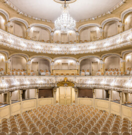 Schloss und Schlossgarten Schwetzingen - Garten - Schlosstheater - Von innen - Zuschauerraum - Von Westen - Blick von der Bühne in den Zuschauerraum; unten umlaufend die Logen, darüber der Balkon, darüber der Rang; unten in der Mitte der Haupteingang zum Parterre; darüber die separierte Mittelloge des Balkons (Gesamter Bau: Länge x Breite: ca. 62 x 35 Meter; Architekt: Nicolas de Pigage (1723-1796); Bauzeit: 1752-1753, Erweiterung 1762, Sanierung: 1937, Renovierung: 1952, Generalsanierung / Umbau 1971-1974, Restaurierung: 1999-2005) (aufgenommen im Januar 2025, um die Mittagszeit)