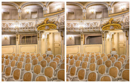 Schloss und Schlossgarten Schwetzingen - Garten - Schlosstheater - Von innen - Parterre, nordliche Logen - Von Südwest - Blick vom südöstlichen Parterre auf die sog. "Jesuitenloge" (in der Bildmitte), links mit geschlossenem, rechts mit offenem Gitter; ganz rechts der Haupteingang zum Parterre (Gesamter Bau: Länge x Breite: ca. 62 x 35 Meter; Architekt: Nicolas de Pigage (1723-1796); Bauzeit: 1752-1753, Erweiterung 1762, Sanierung: 1937, Renovierung: 1952, Generalsanierung / Umbau 1971-1974, Restaurierung: 1999-2005) (aufgenommen im Januar 2024, am frühen Nachmittag) Schloss und Schlossgarten Schwetzingen - Garten - Schlosstheater - Von innen - Parterre, nordliche Logen - Von Südwest - Blick vom südöstlichen Parterre auf die sog. "Jesuitenloge" (in der Bildmitte), links mit geschlossenem, rechts mit offenem Gitter; ganz rechts der Haupteingang zum Parterre (Gesamter Bau: Länge x Breite: ca. 62 x 35 Meter; Architekt: Nicolas de Pigage (1723-1796); Bauzeit: 1752-1753, Erweiterung 1762, Sanierung: 1937, Renovierung: 1952, Generalsanierung / Umbau 1971-1974, Restaurierung: 1999-2005) (aufgenommen im Januar 2024, am frühen Nachmittag)