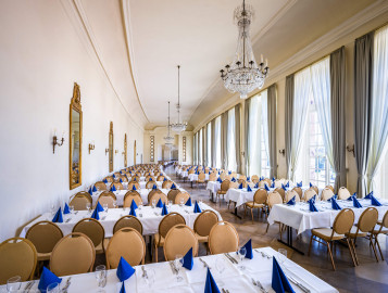 Schloss und Schlossgarten Schwetzingen - Garten - Nördlicher Zirkelbau - Zwischenbau Konzertsaal - Von innen - Blick von der Trennwand zum Foyer nach Südosten in den Konzertsaal, den mittleren Pavillon, den Tagungssaal (hinter der ersten Trennwand) und den Kammermusiksaal (hinter der zweiten Trennwand) (Gesamter Bau: Länge Bogen ca. 175 Meter, Breite zwischen ca. 11 und 18 Meter, 51 Achsen, 5 Pavillons, 4 Zwischenbauten; Architekt: Alessandro Alessandro Galli da Bibiena (1686-1748), Bauleitung: zuerst Guillaume d’Hauberat (1680–1749), dann Nicolas de Pigage (1723-1796); Bauzeit: 1748-1750) (aufgenommen im April 2025, um die Mittagszeit) Schloss und Schlossgarten Schwetzingen - Garten - Nördlicher Zirkelbau - Zwischenbau Konzertsaal - Von innen - Blick von der Trennwand zum Foyer nach Südosten in den Konzertsaal, den mittleren Pavillon, den Tagungssaal (hinter der ersten Trennwand) und den Kammermusiksaal (hinter der zweiten Trennwand) (Gesamter Bau: Länge Bogen ca. 175 Meter, Breite zwischen ca. 11 und 18 Meter, 51 Achsen, 5 Pavillons, 4 Zwischenbauten; Architekt: Alessandro Alessandro Galli da Bibiena (1686-1748), Bauleitung: zuerst Guillaume d’Hauberat (1680–1749), dann Nicolas de Pigage (1723-1796); Bauzeit: 1748-1750) (aufgenommen im April 2025, um die Mittagszeit)