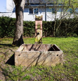 Schloss und Schlossgarten Schwetzingen - Garten - Gesandtenhaus (ehemaliges Prinzenhaus) / Amtsgericht - Südostseite - Blick auf den (heute stillgelegten) Brunnen rechts des Weges zum Haupt-Eingang; der Baum links neben dem Brunnen ist eine Sommer-Linde (Tilia platyphyllos, Baum-Nr. 69) (Nutzung: Wohnungen für Angehörige der kurfürstlichen Familie, ausländische Besucher, Nicolas de Pigage (1723-1796), Friedrich Ludwig Skell (1750-1823), Johann Michael Zeyher (1770-1843), Sterbeort von Johann Peter Hebel (1760-1826), ab 1805 Amtsgericht) (Bau: Länge x Breite: ca. 40 x 17 Meter; Bauzeit: um 1723; Architekt: unbekannt) (aufgenommen im April 2025, am Nachmittag)