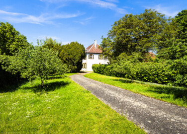 Schloss und Schlossgarten Schwetzingen - Sonstige Bauten - Altes Forstamt (Forsthausstraße 11) - Garten - Von Südwest - Blick vom Garten (neben dem Weg zwischen dem Forstamt und der Zähringerstraße) nach Norden auf das alte Forstamt; der kleine Baum links ist einer der vielen Apfelbäume (Malus sylvestris agg) im Garten, der große dunkle Baum in der Bildmitte ist eine Eibe (Taxus baccata) und der sehr große Baum rechts ist ein echter Walnußbaum (Juglans regia) (aufgenommen im April 2025, am Nachmittag)