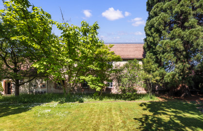 Schloss und Schlossgarten Schwetzingen - Sonstige Bauten im / Nähe Garten - Ehemaliges Hofgärtnerhaus, südlich Baumagazin - Südostseite - Blick auf die Gartenseite des ehemaligen Hofgärtnerhauses; der zweite Baum von links ist eine Honoki-Magnolie (Magnolia obovata), der Baum rechts davon ein Fächer-Ahorn (Acer palmatum) und der ganz rechte Baum ein Mammutbaum (wohl Sequoiadendron giganteum) (Architekten: Franz Wilhelm Rabaliatti (1714–1782) und Nicolas de Pigage (1723-1796); Bauzeit: 1760-1763, größere Um- und Erweiterungsbauten 1815-1816; Abmessungen: Grundfäche ca. 17 x 6 m, Firsthöhe ca. 9 m) (aufgenommen im April 2025, um die Mittagszeit) Schloss und Schlossgarten Schwetzingen - Sonstige Bauten im / Nähe Garten - Ehemaliges Hofgärtnerhaus, südlich Baumagazin - Südostseite - Blick auf die Gartenseite des ehemaligen Hofgärtnerhauses; der zweite Baum von links ist eine Honoki-Magnolie (Magnolia obovata), der Baum rechts davon ein Fächer-Ahorn (Acer palmatum) und der ganz rechte Baum ein Mammutbaum (wohl Sequoiadendron giganteum) (Architekten: Franz Wilhelm Rabaliatti (1714–1782) und Nicolas de Pigage (1723-1796); Bauzeit: 1760-1763, größere Um- und Erweiterungsbauten 1815-1816; Abmessungen: Grundfäche ca. 17 x 6 m, Firsthöhe ca. 9 m) (aufgenommen im April 2025, um die Mittagszeit)