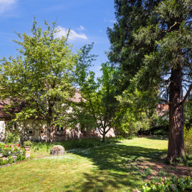 Schloss und Schlossgarten Schwetzingen - Sonstige Bauten im / Nähe Garten - Hofgärtnerhäuser, südlich Baumagazin - Garten (südöstlich) - Von Südwesten - Blick in den Garten der Hofgärtnerhäuser; ganz links der Anbau (früher als Stallungen genutzt) zum ehemaligen Hofgärtnerhaus, links der Bildmitte das ehemalige Hofgärtnerhaus (aufgenommen im April 2025, um die Mittagszeit) Schloss und Schlossgarten Schwetzingen - Sonstige Bauten im / Nähe Garten - Hofgärtnerhäuser, südlich Baumagazin - Garten (südöstlich) - Von Südwesten - Blick in den Garten der Hofgärtnerhäuser; ganz links der Anbau (früher als Stallungen genutzt) zum ehemaligen Hofgärtnerhaus, links der Bildmitte das ehemalige Hofgärtnerhaus (aufgenommen im April 2025, um die Mittagszeit)