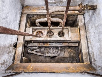 Schloss und Schlossgarten Schwetzingen - Sonstige Bauten - Oberes Wasserwerk - Pumpenstube - Von innen - Östliche Räder und Pumpen - Von Westen - Blick schräg nach unten in den östlichen Pumpenschacht (Länge x Breite x Tiefe ca. 2,5 x 2 x 4 Meter); im Brett in der Mitte befinden sich die drei Hubkolbenpumpen aus Messing, darüber die drei Kolbenstangen mit einer Länge von ca. 2,9 Meter; die linke Kolbenstange ist aus der Kurbelwelle ausgehängt und nach links gelegt; oberhalb der drei Pumpen der Ansatz der Steigleitungen zu den Wasserbehältern im Wasserturm; unterhalb der drei Pumpen  die drei Saugleitungen zu den Brunnen hin (Gesamte Anlage Brunnenstube, Pumpenstube, Räderwerk, Wasserturm und Kühlhaus): Länge x Breite: ca. 30 x 29 Meter, Pumpenstube: Länge x Breite: ca. 13 x 9 Meter; Bauzeit Anlage: um 1774, Gesamtinstandsetzung: 1994–2000; Architekt: Nicolas de Pigage, Brunnenmeister: Thomas Breuer) (aufgenommen im Juli 2025, am Nachmittag)