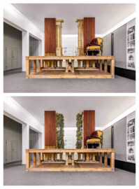 Schloss und Schlossgarten Schwetzingen - Garten - Schlosstheater - Von innen - 2. Obergeschoss (Rang), nördliches Foyer - Von Osten - Blick auf das Modell einer barocken Kulissenbühne aus Zuschauersicht mit zwei verschiedenen Kulisseneinstellungen; eine solche Kulissenbühne ist in Gassen eingeteilt, die von versetzt hintereinander angeordneten, meist bemalten Seitenkulissen gebildet werden; sie ermöglichen Auftritte von den Seiten und verbergen die Beleuchtung; die Seitenkulissen sind an vertikalen Hölzern befestigt, diese sind wiederum in der Unterbühne auf einem beweglichen horizontalen Schlitten, dem sog. Kulissenwagen, montiert; jeder Wagen ist mittels Schnurzügen mit einer zentralen Walze, dem sog. Wellenbaum, verbunden; dreht man den Wellenbaum, so können gleichzeitig mehrere Kulissenwagen verschoben werden; der Zuschauer sieht dadurch das gleichzeitige Erscheinen bzw. Verschwinden mehrerer Seitenkulissen (Gesamter Bau: Länge x Breite: ca. 62 x 35 Meter; Architekt: Nicolas de Pigage (1723-1796); Bauzeit: 1752-1753, Erweiterung 1762, Sanierung: 1937, Renovierung: 1952, Generalsanierung / Umbau 1971-1974, Restaurierung: 1999-2005) (aufgenommen im September 2025, am frühen Nachmittag) Schloss und Schlossgarten Schwetzingen - Garten - Schlosstheater - Von innen - 2. Obergeschoss (Rang), nördliches Foyer - Von Osten - Blick auf das Modell einer barocken Kulissenbühne aus Zuschauersicht mit zwei verschiedenen Kulisseneinstellungen; eine solche Kulissenbühne ist in Gassen eingeteilt, die von versetzt hintereinander angeordneten, meist bemalten Seitenkulissen gebildet werden; sie ermöglichen Auftritte von den Seiten und verbergen die Beleuchtung; die Seitenkulissen sind an vertikalen Hölzern befestigt, diese sind wiederum in der Unterbühne auf einem beweglichen horizontalen Schlitten, dem sog. Kulissenwagen, montiert; jeder Wagen ist mittels Schnurzügen mit einer zentralen Walze, dem sog. Wellenbaum, verbunden; dreht man den Wellenbaum, so können gleichzeitig mehrere Kulissenwagen verschoben werden; der Zuschauer sieht dadurch das gleichzeitige Erscheinen bzw. Verschwinden mehrerer Seitenkulissen (Gesamter Bau: Länge x Breite: ca. 62 x 35 Meter; Architekt: Nicolas de Pigage (1723-1796); Bauzeit: 1752-1753, Erweiterung 1762, Sanierung: 1937, Renovierung: 1952, Generalsanierung / Umbau 1971-1974, Restaurierung: 1999-2005) (aufgenommen im September 2025, am frühen Nachmittag)