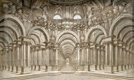 Schloss und Schlossgarten Schwetzingen - Garten - Schlosstheater - Von innen - Bühne / Bühnenprospekte - Bühnenprospekt "Domprospekt" mit einer gemalten fantasierten barocken Architektur eines Doms; Breite x Höhe: ca. 10 x 6,8 Meter (Gesamter Bau: Länge x Breite: ca. 62 x 35 Meter; Architekt: Nicolas de Pigage (1723-1796); Bauzeit: 1752-1753, Erweiterung 1762, Sanierung: 1937, Renovierung: 1952, Generalsanierung / Umbau 1971-1974, Restaurierung: 1999-2005) (aufgenommen im September 2025, am späten Vormittag)