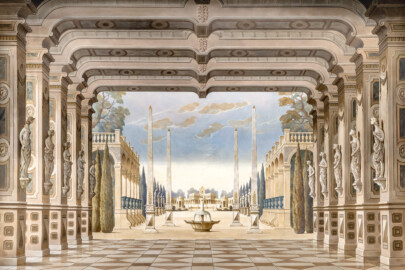 Schloss und Schlossgarten Schwetzingen - Garten - Schlosstheater - Von innen - Bühne / Bühnenprospekte - Bühnenprospekt "Schaudekoration" mit einer gemalten fantasierten antiken Architektur; Breite x Höhe: ca. 9 x 6 Meter (Gesamter Bau: Länge x Breite: ca. 62 x 35 Meter; Architekt: Nicolas de Pigage (1723-1796); Bauzeit: 1752-1753, Erweiterung 1762, Sanierung: 1937, Renovierung: 1952, Generalsanierung / Umbau 1971-1974, Restaurierung: 1999-2005) (aufgenommen im September 2025, am späten Vormittag)