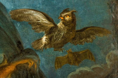 Schloss und Schlossgarten Schwetzingen - Garten - Badhaus - Von innen - Ovalsaal - Deckengemälde - Von unten - Ausschnitt aus dem Deckengemälde "Aurora vertreibt die Nacht"; am rechten Bildrand: Eule und Fledermaus (Maler: Nicolas Guibal (1725-1784); Datierung: 1772; Signaturen: links unten "N. Guibal Lotharingus inv et fecit 1772" und rechts unten "N. Guibal Lotharingus invenit et pinxit 1772"; Öl auf Leinwand, mit vergoldeten Eichenlaubkranz eingefasst; Restaurierungen: 1890, 1949, 2006) (Gesamter Bau: Länge x Breite ca. 18 x 14 Meter, Höhe ca. 10 Meter; Architekt: Nicolas de Pigage (1723-1796); Bauzeit: 1768-1772; Gesamtinstandsetzung innen und außen: 1999-2006) (aufgenommen im Oktober 2025, am späten Nachmittag) Schloss und Schlossgarten Schwetzingen - Garten - Badhaus - Von innen - Ovalsaal - Deckengemälde - Von unten - Ausschnitt aus dem Deckengemälde "Aurora vertreibt die Nacht"; am rechten Bildrand: Eule und Fledermaus (Maler: Nicolas Guibal (1725-1784); Datierung: 1772; Signaturen: links unten "N. Guibal Lotharingus inv et fecit 1772" und rechts unten "N. Guibal Lotharingus invenit et pinxit 1772"; Öl auf Leinwand, mit vergoldeten Eichenlaubkranz eingefasst; Restaurierungen: 1890, 1949, 2006) (Gesamter Bau: Länge x Breite ca. 18 x 14 Meter, Höhe ca. 10 Meter; Architekt: Nicolas de Pigage (1723-1796); Bauzeit: 1768-1772; Gesamtinstandsetzung innen und außen: 1999-2006) (aufgenommen im Oktober 2025, am späten Nachmittag)