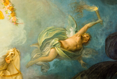 Schloss und Schlossgarten Schwetzingen - Garten - Badhaus - Von innen - Ovalsaal - Deckengemälde - Von unten - Ausschnitt aus dem Deckengemälde "Aurora vertreibt die Nacht"; rechts oberhalb der Bildmitte: der Morgenstern (mit Fackel, Aurora den Weg zeigend) (Maler: Nicolas Guibal (1725-1784); Datierung: 1772; Signaturen: links unten "N. Guibal Lotharingus inv et fecit 1772" und rechts unten "N. Guibal Lotharingus invenit et pinxit 1772"; Öl auf Leinwand, mit vergoldeten Eichenlaubkranz eingefasst; Restaurierungen: 1890, 1949, 2006) (Gesamter Bau: Länge x Breite ca. 18 x 14 Meter, Höhe ca. 10 Meter; Architekt: Nicolas de Pigage (1723-1796); Bauzeit: 1768-1772; Gesamtinstandsetzung innen und außen: 1999-2006) (aufgenommen im Oktober 2025, am Nachmittag) Schloss und Schlossgarten Schwetzingen - Garten - Badhaus - Von innen - Ovalsaal - Deckengemälde - Von unten - Ausschnitt aus dem Deckengemälde "Aurora vertreibt die Nacht"; rechts oberhalb der Bildmitte: der Morgenstern (mit Fackel, Aurora den Weg zeigend) (Maler: Nicolas Guibal (1725-1784); Datierung: 1772; Signaturen: links unten "N. Guibal Lotharingus inv et fecit 1772" und rechts unten "N. Guibal Lotharingus invenit et pinxit 1772"; Öl auf Leinwand, mit vergoldeten Eichenlaubkranz eingefasst; Restaurierungen: 1890, 1949, 2006) (Gesamter Bau: Länge x Breite ca. 18 x 14 Meter, Höhe ca. 10 Meter; Architekt: Nicolas de Pigage (1723-1796); Bauzeit: 1768-1772; Gesamtinstandsetzung innen und außen: 1999-2006) (aufgenommen im Oktober 2025, am Nachmittag)