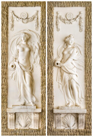 Schloss und Schlossgarten Schwetzingen - Garten - Badhaus - Von innen - Baderaum - Najaden - Nordseite, links und Südseite, rechts - Blick auf zwei hochrechteckige Felder, außen mit Tropfsteinstuck, innen mit eingetieften Feldern, darin Reliefdarstellungen zweier Najaden (Nymphen in der griechischen Mythologie, wachen über Quellen, Bäche, Flüsse, Sümpfe, Teiche und Seen) (Stuckateur: Giuseppe Antonio Pozzi (1732–1811)) (Gesamter Bau: Länge x Breite ca. 18 x 14 Meter, Höhe ca. 10 Meter; Architekt: Nicolas de Pigage (1723-1796); Bauzeit: 1768-1772; Gesamtinstandsetzung innen und außen: 1999-2006) (aufgenommen im Oktober 2025, am späten Nachmittag) Schloss und Schlossgarten Schwetzingen - Garten - Badhaus - Von innen - Baderaum - Najaden - Nordseite, links und Südseite, rechts - Blick auf zwei hochrechteckige Felder, außen mit Tropfsteinstuck, innen mit eingetieften Feldern, darin Reliefdarstellungen zweier Najaden (Nymphen in der griechischen Mythologie, wachen über Quellen, Bäche, Flüsse, Sümpfe, Teiche und Seen) (Stuckateur: Giuseppe Antonio Pozzi (1732–1811)) (Gesamter Bau: Länge x Breite ca. 18 x 14 Meter, Höhe ca. 10 Meter; Architekt: Nicolas de Pigage (1723-1796); Bauzeit: 1768-1772; Gesamtinstandsetzung innen und außen: 1999-2006) (aufgenommen im Oktober 2025, am späten Nachmittag)