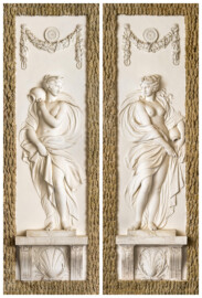 Schloss und Schlossgarten Schwetzingen - Garten - Badhaus - Von innen - Baderaum - Najaden - Südseite, links und Nordseite, rechts - Blick auf zwei hochrechteckige Felder, außen mit Tropfsteinstuck, innen mit eingetieften Feldern, darin Reliefdarstellungen zweier Najaden (Nymphen in der griechischen Mythologie, wachen über Quellen, Bäche, Flüsse, Sümpfe, Teiche und Seen) (Stuckateur: Giuseppe Antonio Pozzi (1732–1811)) (Gesamter Bau: Länge x Breite ca. 18 x 14 Meter, Höhe ca. 10 Meter; Architekt: Nicolas de Pigage (1723-1796); Bauzeit: 1768-1772; Gesamtinstandsetzung innen und außen: 1999-2006) (aufgenommen im Oktober 2025, am späten Nachmittag) Schloss und Schlossgarten Schwetzingen - Garten - Badhaus - Von innen - Baderaum - Najaden - Südseite, links und Nordseite, rechts - Blick auf zwei hochrechteckige Felder, außen mit Tropfsteinstuck, innen mit eingetieften Feldern, darin Reliefdarstellungen zweier Najaden (Nymphen in der griechischen Mythologie, wachen über Quellen, Bäche, Flüsse, Sümpfe, Teiche und Seen) (Stuckateur: Giuseppe Antonio Pozzi (1732–1811)) (Gesamter Bau: Länge x Breite ca. 18 x 14 Meter, Höhe ca. 10 Meter; Architekt: Nicolas de Pigage (1723-1796); Bauzeit: 1768-1772; Gesamtinstandsetzung innen und außen: 1999-2006) (aufgenommen im Oktober 2025, am späten Nachmittag)