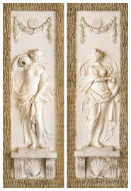 Schloss und Schlossgarten Schwetzingen - Garten - Badhaus - Von innen - Baderaum - Najaden - Westseite, links und rechts - Von Osten - Blick auf zwei hochrechteckige Felder, außen mit Tropfsteinstuck, innen mit eingetieften Feldern, darin Reliefdarstellungen zweier Najaden (Nymphen in der griechischen Mythologie, wachen über Quellen, Bäche, Flüsse, Sümpfe, Teiche und Seen) (Stuckateur: Giuseppe Antonio Pozzi (1732–1811)) (Gesamter Bau: Länge x Breite ca. 18 x 14 Meter, Höhe ca. 10 Meter; Architekt: Nicolas de Pigage (1723-1796); Bauzeit: 1768-1772; Gesamtinstandsetzung innen und außen: 1999-2006) (aufgenommen im Oktober 2025, am späten Nachmittag) Schloss und Schlossgarten Schwetzingen - Garten - Badhaus - Von innen - Baderaum - Najaden - Westseite, links und rechts - Von Osten - Blick auf zwei hochrechteckige Felder, außen mit Tropfsteinstuck, innen mit eingetieften Feldern, darin Reliefdarstellungen zweier Najaden (Nymphen in der griechischen Mythologie, wachen über Quellen, Bäche, Flüsse, Sümpfe, Teiche und Seen) (Stuckateur: Giuseppe Antonio Pozzi (1732–1811)) (Gesamter Bau: Länge x Breite ca. 18 x 14 Meter, Höhe ca. 10 Meter; Architekt: Nicolas de Pigage (1723-1796); Bauzeit: 1768-1772; Gesamtinstandsetzung innen und außen: 1999-2006) (aufgenommen im Oktober 2025, am späten Nachmittag)