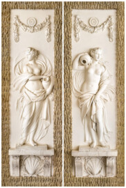 Schloss und Schlossgarten Schwetzingen - Garten - Badhaus - Von innen - Baderaum - Najaden - Westseite, links und rechts - Von Osten - Blick auf zwei hochrechteckige Felder, außen mit Tropfsteinstuck, innen mit eingetieften Feldern, darin Reliefdarstellungen zweier Najaden (Nymphen in der griechischen Mythologie, wachen über Quellen, Bäche, Flüsse, Sümpfe, Teiche und Seen) (Stuckateur: Giuseppe Antonio Pozzi (1732–1811)) (Gesamter Bau: Länge x Breite ca. 18 x 14 Meter, Höhe ca. 10 Meter; Architekt: Nicolas de Pigage (1723-1796); Bauzeit: 1768-1772; Gesamtinstandsetzung innen und außen: 1999-2006) (aufgenommen im Oktober 2025, am späten Nachmittag) Schloss und Schlossgarten Schwetzingen - Garten - Badhaus - Von innen - Baderaum - Najaden - Westseite, links und rechts - Von Osten - Blick auf zwei hochrechteckige Felder, außen mit Tropfsteinstuck, innen mit eingetieften Feldern, darin Reliefdarstellungen zweier Najaden (Nymphen in der griechischen Mythologie, wachen über Quellen, Bäche, Flüsse, Sümpfe, Teiche und Seen) (Stuckateur: Giuseppe Antonio Pozzi (1732–1811)) (Gesamter Bau: Länge x Breite ca. 18 x 14 Meter, Höhe ca. 10 Meter; Architekt: Nicolas de Pigage (1723-1796); Bauzeit: 1768-1772; Gesamtinstandsetzung innen und außen: 1999-2006) (aufgenommen im Oktober 2025, am späten Nachmittag)