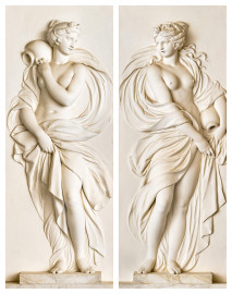 Schloss und Schlossgarten Schwetzingen - Garten - Badhaus - Von innen - Baderaum - Najaden - Südseite, links und Nordseite, rechts - Blick auf zwei hochrechteckige Felder mit Reliefdarstellungen zweier Najaden (Nymphen in der griechischen Mythologie, wachen über Quellen, Bäche, Flüsse, Sümpfe, Teiche und Seen) (Stuckateur: Giuseppe Antonio Pozzi (1732–1811)) (Gesamter Bau: Länge x Breite ca. 18 x 14 Meter, Höhe ca. 10 Meter; Architekt: Nicolas de Pigage (1723-1796); Bauzeit: 1768-1772; Gesamtinstandsetzung innen und außen: 1999-2006) (aufgenommen im Oktober 2025, am späten Nachmittag) Schloss und Schlossgarten Schwetzingen - Garten - Badhaus - Von innen - Baderaum - Najaden - Südseite, links und Nordseite, rechts - Blick auf zwei hochrechteckige Felder mit Reliefdarstellungen zweier Najaden (Nymphen in der griechischen Mythologie, wachen über Quellen, Bäche, Flüsse, Sümpfe, Teiche und Seen) (Stuckateur: Giuseppe Antonio Pozzi (1732–1811)) (Gesamter Bau: Länge x Breite ca. 18 x 14 Meter, Höhe ca. 10 Meter; Architekt: Nicolas de Pigage (1723-1796); Bauzeit: 1768-1772; Gesamtinstandsetzung innen und außen: 1999-2006) (aufgenommen im Oktober 2025, am späten Nachmittag)