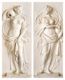 Schloss und Schlossgarten Schwetzingen - Garten - Badhaus - Von innen - Baderaum - Najaden - Westseite, links und rechts - Von Osten - Blick auf zwei hochrechteckige Felder mit Reliefdarstellungen zweier Najaden (Nymphen in der griechischen Mythologie, wachen über Quellen, Bäche, Flüsse, Sümpfe, Teiche und Seen) (Stuckateur: Giuseppe Antonio Pozzi (1732–1811)) (Gesamter Bau: Länge x Breite ca. 18 x 14 Meter, Höhe ca. 10 Meter; Architekt: Nicolas de Pigage (1723-1796); Bauzeit: 1768-1772; Gesamtinstandsetzung innen und außen: 1999-2006) (aufgenommen im Oktober 2025, am späten Nachmittag) Schloss und Schlossgarten Schwetzingen - Garten - Badhaus - Von innen - Baderaum - Najaden - Westseite, links und rechts - Von Osten - Blick auf zwei hochrechteckige Felder mit Reliefdarstellungen zweier Najaden (Nymphen in der griechischen Mythologie, wachen über Quellen, Bäche, Flüsse, Sümpfe, Teiche und Seen) (Stuckateur: Giuseppe Antonio Pozzi (1732–1811)) (Gesamter Bau: Länge x Breite ca. 18 x 14 Meter, Höhe ca. 10 Meter; Architekt: Nicolas de Pigage (1723-1796); Bauzeit: 1768-1772; Gesamtinstandsetzung innen und außen: 1999-2006) (aufgenommen im Oktober 2025, am späten Nachmittag)