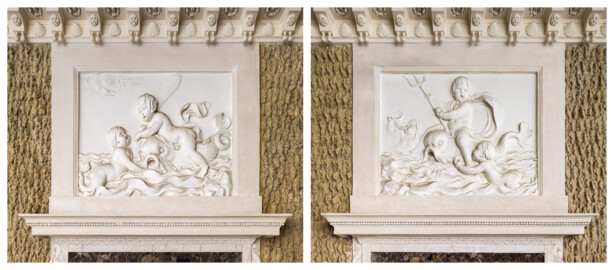 Schloss und Schlossgarten Schwetzingen - Garten - Badhaus - Von innen - Baderaum - Supraporten, Südseite (links) und Nordseite (rechts) - Von Norden - Blick auf die Supraporten der (südlichen) Eingangstür und der nördlichen Ausgangstür; Putti mit Wasserattributen in Reliefdarstellung, umgeben von einem glatten Rahmen (Stuckateur: Giuseppe Antonio Pozzi (1732–1811)) (Gesamter Bau: Länge x Breite ca. 18 x 14 Meter, Höhe ca. 10 Meter; Architekt: Nicolas de Pigage (1723-1796); Bauzeit: 1768-1772; Gesamtinstandsetzung innen und außen: 1999-2006) (aufgenommen im Oktober 2025, am Nachmittag) Schloss und Schlossgarten Schwetzingen - Garten - Badhaus - Von innen - Baderaum - Supraporten, Südseite (links) und Nordseite (rechts) - Von Norden - Blick auf die Supraporten der (südlichen) Eingangstür und der nördlichen Ausgangstür; Putti mit Wasserattributen in Reliefdarstellung, umgeben von einem glatten Rahmen (Stuckateur: Giuseppe Antonio Pozzi (1732–1811)) (Gesamter Bau: Länge x Breite ca. 18 x 14 Meter, Höhe ca. 10 Meter; Architekt: Nicolas de Pigage (1723-1796); Bauzeit: 1768-1772; Gesamtinstandsetzung innen und außen: 1999-2006) (aufgenommen im Oktober 2025, am Nachmittag)