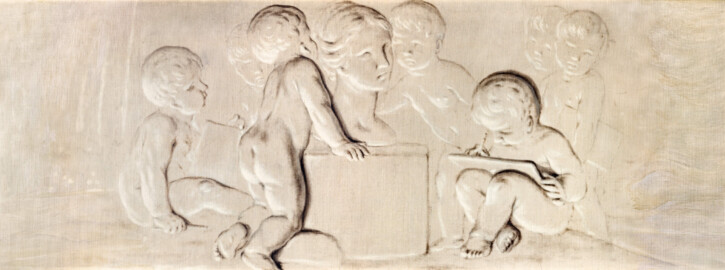 Schloss und Schlossgarten Schwetzingen - Schloss - Mittelbau - Von innen - 1. Obergeschoss - Appartment des Kurfürsten - Schlafzimmer - Westwand, oberhalb der Tür zum Kabinett des Kurfürsten - Kopie einer Supraporte in Grisaille-Manier mit spielenden Putti als Allegorien der Wissenschaften (Kopist: unbekannt, Maler: Franz Anton Leitenstorffer (1721-1795), Datierung: um 1780) (aufgenommen im Januar 2026, am späten Nachmittag)