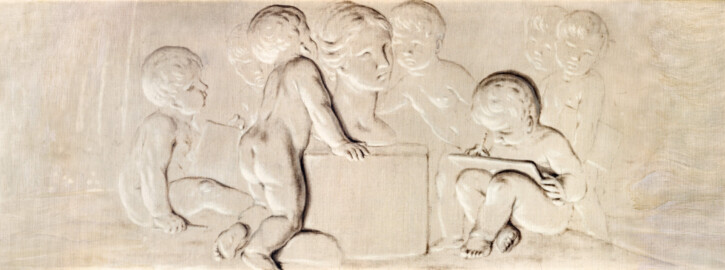 Schloss und Schlossgarten Schwetzingen - Schloss - Mittelbau - Von innen - 1. Obergeschoss - Appartment des Kurfürsten - Schlafzimmer - Westwand, oberhalb der Tür zum Kabinett des Kurfürsten - Kopie einer Supraporte in Grisaille-Manier mit spielenden Putti als Allegorien der Wissenschaften (Kopist: unbekannt, Maler: Franz Anton Leitenstorffer (1721-1795), Datierung: um 1780) (aufgenommen im Januar 2026, am späten Nachmittag) Schloss und Schlossgarten Schwetzingen - Schloss - Mittelbau - Von innen - 1. Obergeschoss - Appartment des Kurfürsten - Schlafzimmer - Westwand, oberhalb der Tür zum Kabinett des Kurfürsten - Kopie einer Supraporte in Grisaille-Manier mit spielenden Putti als Allegorien der Wissenschaften (Kopist: unbekannt, Maler: Franz Anton Leitenstorffer (1721-1795), Datierung: um 1780) (aufgenommen im Januar 2026, am späten Nachmittag)