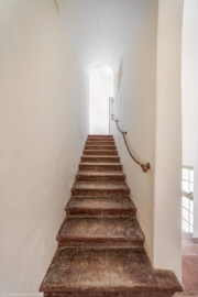 Schloss und Schlossgarten Schwetzingen - Schloss - Mittelbau - Von innen - Südwestliches Treppenhaus - Von Süden - Blick vom Treppenabsatz zwischen 2. Obergeschoss und 3. Obergeschoss nach Norden auf die Treppe und auf den Treppenabsatz im 3. Obergeschoss sowie auf die Tür zum Raum 237 (Mittelbau: Länge Westseite ca. 45 Meter, Breite Süd-/Nordseite ca. 38 Meter; Wiederaufbau / Erweiterung: 1698-1717; Architekt: Johann Adam Breunig) (aufgenommen im März 2026, am Nachmittag)