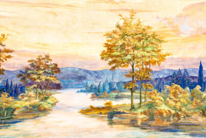 Schloss und Schlossgarten Schwetzingen - Garten - Badhausanlage - Perspektiv - Bildwand - Ausschnitt aus dem Gemälde "Das Ende der Welt" auf der gewölbten Bildwand des Perspektivs; dargestellt ist eine idyllische Flusslandschaft (Rhein mit Auenlandschaft?); Fresko nach einer Vorlage von Ferdinand Kobell (1740-1799), ursprünglich gemalt von dem Mannheimer Theatermaler Truckenmüller oder dem Hofmaler Hubert Willwerth; Fresko seither mehrfach restauriert (Perspektiv: Abmessungen Länge x Breite x Höhe: Laubengang ca. 40 x 3,5 x 4,5 Meter, Bau ca. 16 x 4,5 bis 11 x 6,5 Meter, Bildwand ca. 9 x 1 x 7,5 Meter; Fertigstellung: 1775, Gesamtinstandsetzung: 1988-1991, Restaurierung Laubengang: 2022; Architekt: Nicolas de Pigage) (aufgenommen im April 2026, am frühen Nachmittag)