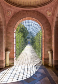 Schloss und Schlossgarten Schwetzingen - Garten - Badhausanlage - Perspektiv - Halle - Von Norden - Blick von der Grotte nach Süden in die Halle und in den Laubengang (Berceau de treillage); mittig der Rundbogen, oben links und rechts zwei Pendentife (Gewölbezwickel) mit Medaillons (Darstellung von Hähnen), ganz oben der Ansatz der Rundkuppel, unten rechts und links zwei Marmorpostamente (ohne Vasen); außerhalb der Halle der Laubengang, im Hintergrund das Badhaus (Perspektiv: Abmessungen Länge x Breite x Höhe: Laubengang ca. 40 x 3,5 x 4,5 Meter, Bau ca. 16 x 4,5 bis 11 x 6,5 Meter, Bildwand ca. 9 x 1 x 7,5 Meter; Fertigstellung: 1775, Gesamtinstandsetzung: 1988-1991, Restaurierung Laubengang: 2022; Architekt: Nicolas de Pigage) (aufgenommen im April 2026, am frühen Nachmittag)