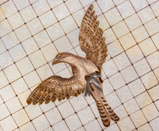 Schloss und Schlossgarten Schwetzingen - Garten - Badhausanlage - Perspektiv - Östlicher Flügel - Von unten - Blick auf einen fliegenden Vogel unter einem Gitter, darüber ein bewölkter Himmel, als Illusion einer Voliere (Perspektiv: Abmessungen Länge x Breite x Höhe: Laubengang ca. 40 x 3,5 x 4,5 Meter, Bau ca. 16 x 4,5 bis 11 x 6,5 Meter, Bildwand ca. 9 x 1 x 7,5 Meter; Fertigstellung: 1775, Gesamtinstandsetzung: 1988-1991, Restaurierung Laubengang: 2022; Architekt: Nicolas de Pigage) (aufgenommen im April 2026, am Nachmittag)