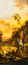 Schloss und Schlossgarten Schwetzingen - Garten - Badhaus - Von innen - Schreibzimmer - Landschaftsgemälde rechts des Kamins - Idyllische Abendlandschaft (Maler: Ferdinand Kobell (1740-1799), Datierung: 1773, Signatur unten Mitte: "F. Kobell / f. 1773", Öl auf Leinwand, Breite x Höhe: 0,92 x 2,08 Meter, Werkverzeichnis Biedermann Nr. 66 / "Abendlandschaft") (Gesamter Bau: Länge x Breite ca. 18 x 14 Meter, Höhe ca. 10 Meter; Architekt: Nicolas de Pigage (1723-1796); Bauzeit: 1768-1772; Gesamtinstandsetzung innen und außen: 1999-2006) (aufgenommen im Mai 2026, am frühen Nachmittag)