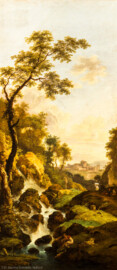 Schloss und Schlossgarten Schwetzingen - Garten - Badhaus - Von innen - Schreibzimmer - Landschaftsgemälde links des Kamins - Idyllische Abendlandschaft (Maler: Ferdinand Kobell (1740-1799), Datierung: 1773, Signatur unten Mitte: "F. Kobell / f. 1773", Öl auf Leinwand, Breite x Höhe: 0,92 x 2,08 Meter, Werkverzeichnis Biedermann Nr. 67 / "Landschaft mit schlafendem Angler") (Gesamter Bau: Länge x Breite ca. 18 x 14 Meter, Höhe ca. 10 Meter; Architekt: Nicolas de Pigage (1723-1796); Bauzeit: 1768-1772; Gesamtinstandsetzung innen und außen: 1999-2006) (aufgenommen im Mai 2026, am frühen Nachmittag)