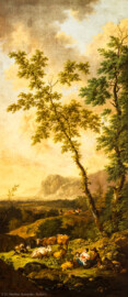 Schloss und Schlossgarten Schwetzingen - Garten - Badhaus - Von innen - Schreibzimmer - Landschaftsgemälde rechts der Tür - Idyllische Hirtenlandschaft (Maler: Ferdinand Kobell (1740-1799), Datierung: 1773, Signatur unten links: "F. Kobell f. 1773", Öl auf Leinwand, Breite x Höhe: 0,92 x 2,08 Meter, Werkverzeichnis Biedermann Nr. 61 / "Landschaft mit Herde und ruhenden Hirten") (Gesamter Bau: Länge x Breite ca. 18 x 14 Meter, Höhe ca. 10 Meter; Architekt: Nicolas de Pigage (1723-1796); Bauzeit: 1768-1772; Gesamtinstandsetzung innen und außen: 1999-2006) (aufgenommen im Mai 2026, am Nachmittag)
