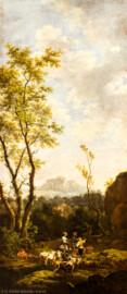 Schloss und Schlossgarten Schwetzingen - Garten - Badhaus - Von innen - Schreibzimmer - Landschaftsgemälde links der Tür - Idyllische Hirtenlandschaft (Maler: Ferdinand Kobell (1740-1799), Datierung: 1772, Signatur unten rechts: "Ferd. Kobell / pinxit 1772", Öl auf Leinwand, Breite x Höhe: 0,92 x 2,08 Meter, Werkverzeichnis Biedermann Nr. 60 / "Landschaft mit Hirten und Herde") (Gesamter Bau: Länge x Breite ca. 18 x 14 Meter, Höhe ca. 10 Meter; Architekt: Nicolas de Pigage (1723-1796); Bauzeit: 1768-1772; Gesamtinstandsetzung innen und außen: 1999-2006) (aufgenommen im Mai 2026, am Nachmittag)