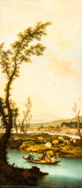 Schloss und Schlossgarten Schwetzingen - Garten - Badhaus - Von innen - Schreibzimmer - Landschaftsgemälde links des Fensters - Idyllische Flußlandschaft (Maler: Ferdinand Kobell (1740-1799), Datierung: 1773, Signatur unten links: "F. Kobell / 1773", Öl auf Leinwand, Breite x Höhe: 0,92 x 2,08 Meter, Werkverzeichnis Biedermann Nr. 64 / "Kahnfahrt") (Gesamter Bau: Länge x Breite ca. 18 x 14 Meter, Höhe ca. 10 Meter; Architekt: Nicolas de Pigage (1723-1796); Bauzeit: 1768-1772; Gesamtinstandsetzung innen und außen: 1999-2006) (aufgenommen im Mai 2026, am Nachmittag)