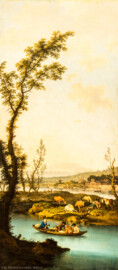 Schloss und Schlossgarten Schwetzingen - Garten - Badhaus - Von innen - Schreibzimmer - Landschaftsgemälde links des Fensters - Idyllische Flußlandschaft (Maler: Ferdinand Kobell (1740-1799), Datierung: 1773, Signatur unten links: "F. Kobell / 1773", Öl auf Leinwand, Breite x Höhe: 0,92 x 2,08 Meter, Werkverzeichnis Biedermann Nr. 64 / "Kahnfahrt") (Gesamter Bau: Länge x Breite ca. 18 x 14 Meter, Höhe ca. 10 Meter; Architekt: Nicolas de Pigage (1723-1796); Bauzeit: 1768-1772; Gesamtinstandsetzung innen und außen: 1999-2006) (aufgenommen im Mai 2026, am Nachmittag)