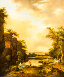 Schloss und Schlossgarten Schwetzingen - Garten - Badhaus - Von innen - Schreibzimmer - Landschaftsgemälde im Alkoven - Idyllische Hirtenlandschaft (Maler: Ferdinand Kobell (1740-1799), Datierung: 1773, Signatur unten rechts: "Ferdinand Kobell 1773", Öl auf Leinwand, Breite x Höhe 1,79 x 2,14 Meter, Werkverzeichnis Biedermann Nr. 68 / "Sommerlicher Tag") (Gesamter Bau: Länge x Breite ca. 18 x 14 Meter, Höhe ca. 10 Meter; Architekt: Nicolas de Pigage (1723-1796); Bauzeit: 1768-1772; Gesamtinstandsetzung innen und außen: 1999-2006) (aufgenommen im Mai 2026, am späten Nachmittag)