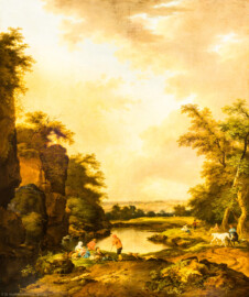 Schloss und Schlossgarten Schwetzingen - Garten - Badhaus - Von innen - Schreibzimmer - Landschaftsgemälde im Alkoven - Idyllische Hirtenlandschaft (Maler: Ferdinand Kobell (1740-1799), Datierung: 1773, Signatur unten rechts: "Ferdinand Kobell 1773", Öl auf Leinwand, Breite x Höhe 1,79 x 2,14 Meter, Werkverzeichnis Biedermann Nr. 68 / "Sommerlicher Tag") (Gesamter Bau: Länge x Breite ca. 18 x 14 Meter, Höhe ca. 10 Meter; Architekt: Nicolas de Pigage (1723-1796); Bauzeit: 1768-1772; Gesamtinstandsetzung innen und außen: 1999-2006) (aufgenommen im Mai 2026, am späten Nachmittag)
