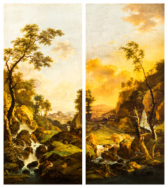 Schloss und Schlossgarten Schwetzingen - Garten - Badhaus - Von innen - Schreibzimmer - Landschaftsgemälde links und rechts des Kamins - Zwei idyllische Abendlandschaften (Maler: Ferdinand Kobell (1740-1799), Datierung: 1773, Signatur linkes Bild: "F. Kobell / f. 1773", Signatur rechtes Bild: "F. Kobell / f. 1773", Öl auf Leinwand, Breite x Höhe: 0,92 x 2,08 Meter, Werkverzeichnis Biedermann linkes Bild Nr. 67 / "Landschaft mit schlafendem Angler", rechtes Bild Nr. 66 / "Abendlandschaft") (Gesamter Bau: Länge x Breite ca. 18 x 14 Meter, Höhe ca. 10 Meter; Architekt: Nicolas de Pigage (1723-1796); Bauzeit: 1768-1772; Gesamtinstandsetzung innen und außen: 1999-2006) (aufgenommen im Mai 2026, am frühen Nachmittag)