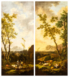 Schloss und Schlossgarten Schwetzingen - Garten - Badhaus - Von innen - Schreibzimmer - Landschaftsgemälde links und rechts der Tür - Zwei idyllische Hirtenlandschaften (Maler: Ferdinand Kobell (1740-1799), Datierung: linkes Bild 1772, rechtes Bild 1773, Signatur linkes Bild: "Ferd. Kobell / pinxit 1772", Öl auf Leinwand, Breite x Höhe: 0,92 x 2,08 Meter, Werkverzeichnis Biedermann linkes Bild Nr. 60 / "Landschaft mit Hirten und Herde", rechtes Bild Nr. 61 / "Landschaft mit Herde und ruhenden Hirten") (Gesamter Bau: Länge x Breite ca. 18 x 14 Meter, Höhe ca. 10 Meter; Architekt: Nicolas de Pigage (1723-1796); Bauzeit: 1768-1772; Gesamtinstandsetzung innen und außen: 1999-2006) (aufgenommen im Mai 2026, am Nachmittag)
