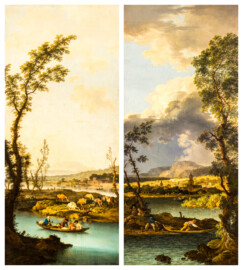 Schloss und Schlossgarten Schwetzingen - Garten - Badhaus - Von innen - Schreibzimmer - Landschaftsgemälde links und rechts des Fensters - Zwei idyllische Flußlandschaften (Maler: Ferdinand Kobell (1740-1799), Datierung: 1773, Signatur linkes Bild: "F. Kobell / 1773", Signatur rechtes Bild: "F. Kobell / f: 1773", Öl auf Leinwand, Breite x Höhe: 0,92 x 2,08 Meter, Werkverzeichnis Biedermann linkes Bild Nr. 64 / "Kahnfahrt", rechtes Bild Nr. 62 / "Gewitterlandschaft") (Gesamter Bau: Länge x Breite ca. 18 x 14 Meter, Höhe ca. 10 Meter; Architekt: Nicolas de Pigage (1723-1796); Bauzeit: 1768-1772; Gesamtinstandsetzung innen und außen: 1999-2006) (aufgenommen im Mai 2026, am Nachmittag)