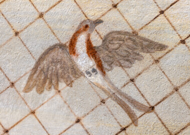 Schloss und Schlossgarten Schwetzingen - Garten - Badhausanlage - Perspektiv - Westlicher Flügel - Von unten - Blick auf einen fliegenden Vogel unter einem Gitter, darüber ein bewölkter Himmel, als Illusion einer Voliere (Perspektiv: Abmessungen Länge x Breite x Höhe: Laubengang ca. 40 x 3,5 x 4,5 Meter, Bau ca. 16 x 4,5 bis 11 x 6,5 Meter, Bildwand ca. 9 x 1 x 7,5 Meter; Fertigstellung: 1775, Gesamtinstandsetzung: 1988-1991, Restaurierung Laubengang: 2022; Architekt: Nicolas de Pigage) (aufgenommen im Mai 2026, am frühen Nachmittag)