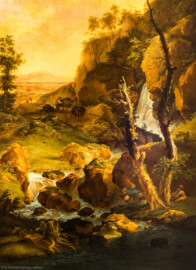 Schloss und Schlossgarten Schwetzingen - Garten - Badhaus - Von innen - Schreibzimmer - Landschaftsgemälde rechts des Kamins - Ausschnitt aus der idyllischen Abendlandschaft (Maler: Ferdinand Kobell (1740-1799), Datierung: 1773, Signatur unten Mitte: "F. Kobell / f. 1773", Öl auf Leinwand, Breite x Höhe: 0,92 x 2,08 Meter, Werkverzeichnis Biedermann Nr. 66 / "Abendlandschaft") (Gesamter Bau: Länge x Breite ca. 18 x 14 Meter, Höhe ca. 10 Meter; Architekt: Nicolas de Pigage (1723-1796); Bauzeit: 1768-1772; Gesamtinstandsetzung innen und außen: 1999-2006) (aufgenommen im Juni 2026, am frühen Nachmittag)