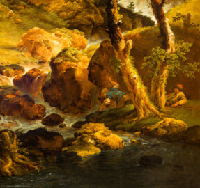 Schloss und Schlossgarten Schwetzingen - Garten - Badhaus - Von innen - Schreibzimmer - Landschaftsgemälde rechts des Kamins - Ausschnitt aus der idyllischen Abendlandschaft (Maler: Ferdinand Kobell (1740-1799), Datierung: 1773, Signatur unten Mitte: "F. Kobell / f. 1773", Öl auf Leinwand, Breite x Höhe: 0,92 x 2,08 Meter, Werkverzeichnis Biedermann Nr. 66 / "Abendlandschaft") (Gesamter Bau: Länge x Breite ca. 18 x 14 Meter, Höhe ca. 10 Meter; Architekt: Nicolas de Pigage (1723-1796); Bauzeit: 1768-1772; Gesamtinstandsetzung innen und außen: 1999-2006) (aufgenommen im Juni 2026, am frühen Nachmittag)