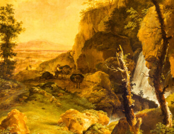 Schloss und Schlossgarten Schwetzingen - Garten - Badhaus - Von innen - Schreibzimmer - Landschaftsgemälde rechts des Kamins - Ausschnitt aus der idyllischen Abendlandschaft (Maler: Ferdinand Kobell (1740-1799), Datierung: 1773, Signatur unten Mitte: "F. Kobell / f. 1773", Öl auf Leinwand, Breite x Höhe: 0,92 x 2,08 Meter, Werkverzeichnis Biedermann Nr. 66 / "Abendlandschaft") (Gesamter Bau: Länge x Breite ca. 18 x 14 Meter, Höhe ca. 10 Meter; Architekt: Nicolas de Pigage (1723-1796); Bauzeit: 1768-1772; Gesamtinstandsetzung innen und außen: 1999-2006) (aufgenommen im Juni 2026, am frühen Nachmittag)