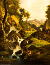Schloss und Schlossgarten Schwetzingen - Garten - Badhaus - Von innen - Schreibzimmer - Landschaftsgemälde links des Kamins - Ausschnitt aus der idyllischen Abendlandschaft (Maler: Ferdinand Kobell (1740-1799), Datierung: 1773, Signatur unten Mitte: "F. Kobell / f. 1773", Öl auf Leinwand, Breite x Höhe: 0,92 x 2,08 Meter, Werkverzeichnis Biedermann Nr. 67 / "Landschaft mit schlafendem Angler") (Gesamter Bau: Länge x Breite ca. 18 x 14 Meter, Höhe ca. 10 Meter; Architekt: Nicolas de Pigage (1723-1796); Bauzeit: 1768-1772; Gesamtinstandsetzung innen und außen: 1999-2006) (aufgenommen im Juni 2026, am Nachmittag)