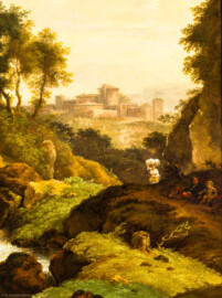 Schloss und Schlossgarten Schwetzingen - Garten - Badhaus - Von innen - Schreibzimmer - Landschaftsgemälde links des Kamins - Ausschnitt aus der idyllischen Abendlandschaft (Maler: Ferdinand Kobell (1740-1799), Datierung: 1773, Signatur unten Mitte: "F. Kobell / f. 1773", Öl auf Leinwand, Breite x Höhe: 0,92 x 2,08 Meter, Werkverzeichnis Biedermann Nr. 67 / "Landschaft mit schlafendem Angler") (Gesamter Bau: Länge x Breite ca. 18 x 14 Meter, Höhe ca. 10 Meter; Architekt: Nicolas de Pigage (1723-1796); Bauzeit: 1768-1772; Gesamtinstandsetzung innen und außen: 1999-2006) (aufgenommen im Juni 2026, am Nachmittag)