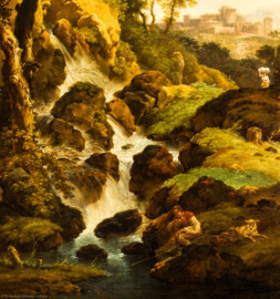 Schloss und Schlossgarten Schwetzingen - Garten - Badhaus - Von innen - Schreibzimmer - Landschaftsgemälde links des Kamins - Ausschnitt aus der idyllischen Abendlandschaft (Maler: Ferdinand Kobell (1740-1799), Datierung: 1773, Signatur unten Mitte: "F. Kobell / f. 1773", Öl auf Leinwand, Breite x Höhe: 0,92 x 2,08 Meter, Werkverzeichnis Biedermann Nr. 67 / "Landschaft mit schlafendem Angler") (Gesamter Bau: Länge x Breite ca. 18 x 14 Meter, Höhe ca. 10 Meter; Architekt: Nicolas de Pigage (1723-1796); Bauzeit: 1768-1772; Gesamtinstandsetzung innen und außen: 1999-2006) (aufgenommen im Juni 2026, am Nachmittag)