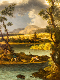 Schloss und Schlossgarten Schwetzingen - Garten - Badhaus - Von innen - Schreibzimmer - Landschaftsgemälde rechts des Fensters - Ausschnitt aus der idyllischen Flußlandschaft (Maler: Ferdinand Kobell (1740-1799), Datierung: 1773, Signatur unten Mitte: "F. Kobell / f: 1773", Öl auf Leinwand, Breite x Höhe: 0,92 x 2,08 Meter, Werkverzeichnis Biedermann Nr. 62 / "Gewitterlandschaft") (Gesamter Bau: Länge x Breite ca. 18 x 14 Meter, Höhe ca. 10 Meter; Architekt: Nicolas de Pigage (1723-1796); Bauzeit: 1768-1772; Gesamtinstandsetzung innen und außen: 1999-2006) (aufgenommen im Juni 2026, am Nachmittag)
